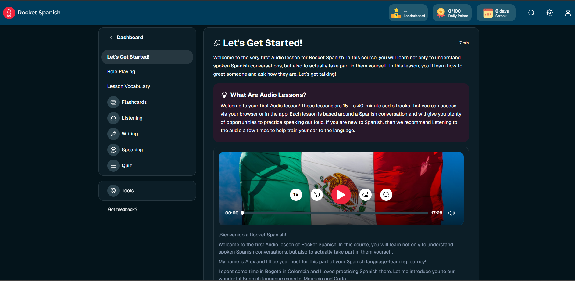 Rocket Spanish introductory audio lesson with playback controls and a written transcript