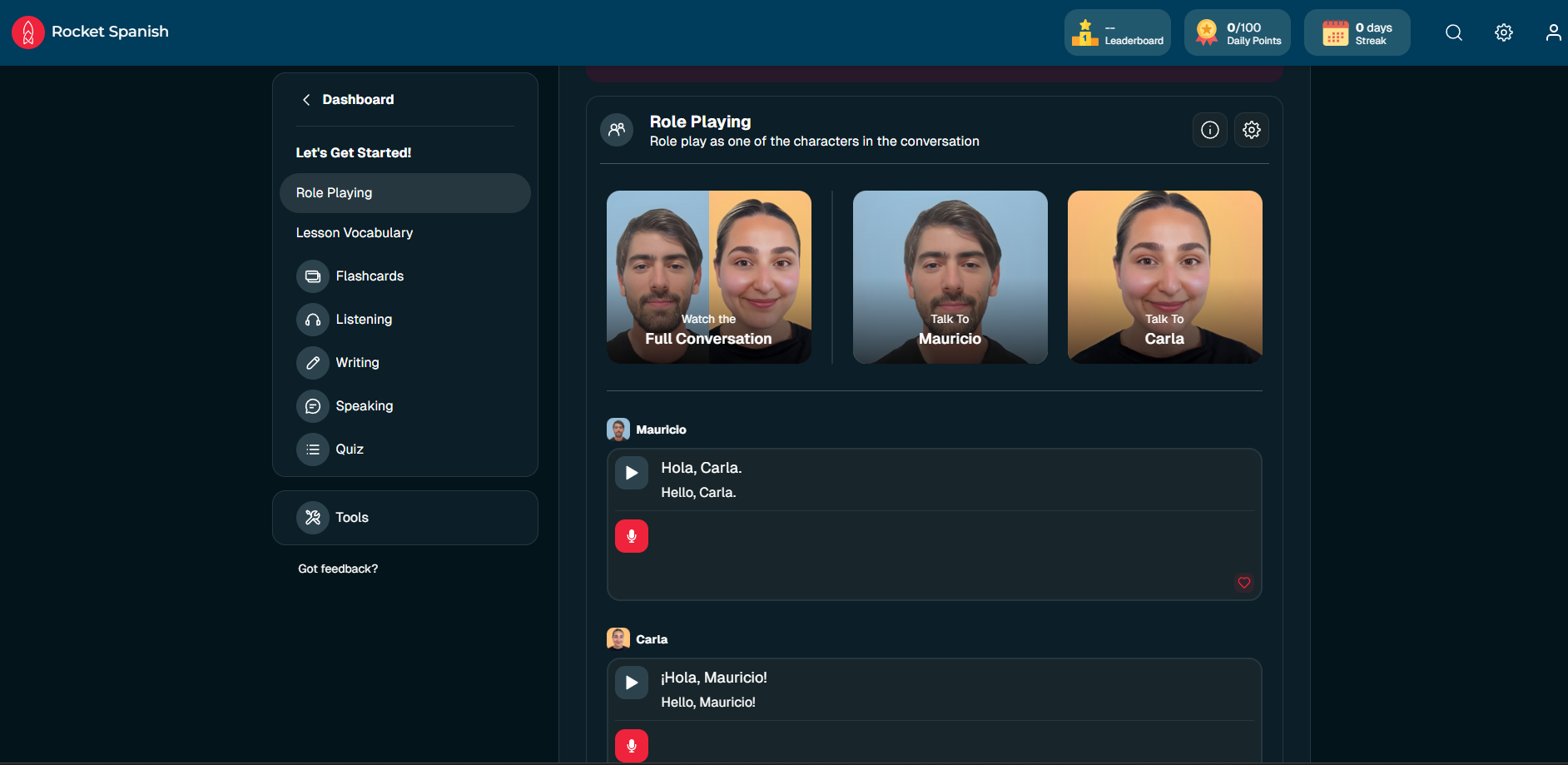 Rocket Spanish Role Playing section with Mauricio and Carla, dialogue playback, and recording controls
