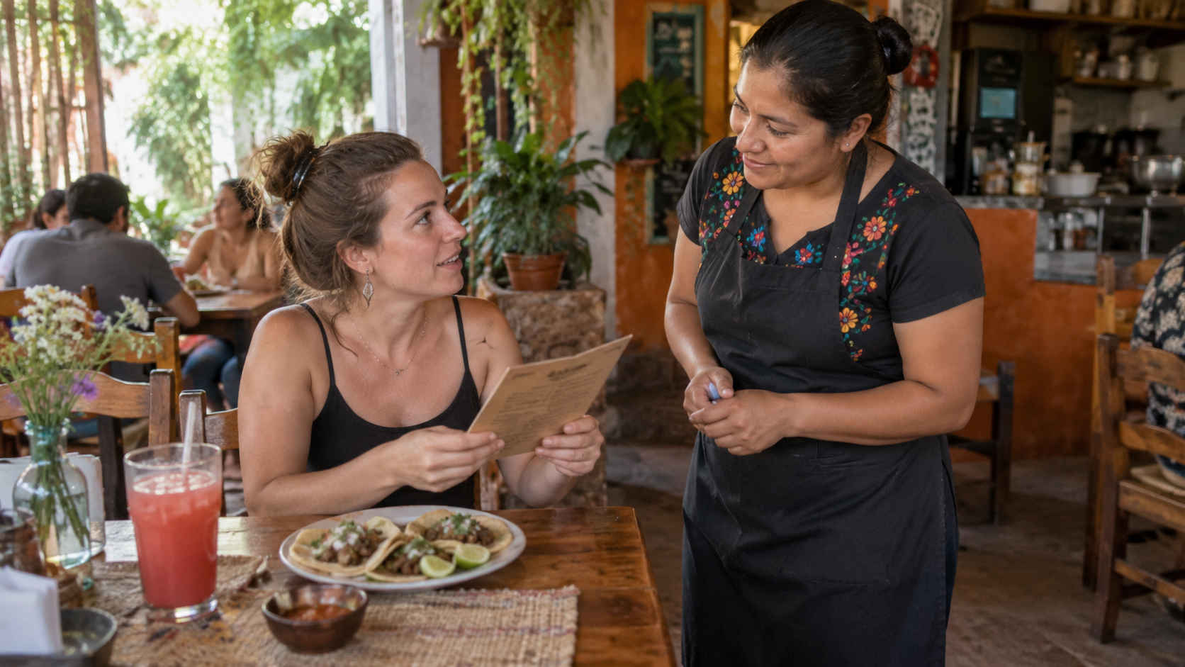 Traveler ordering food from a server at a neighborhood taquería in Mexico.