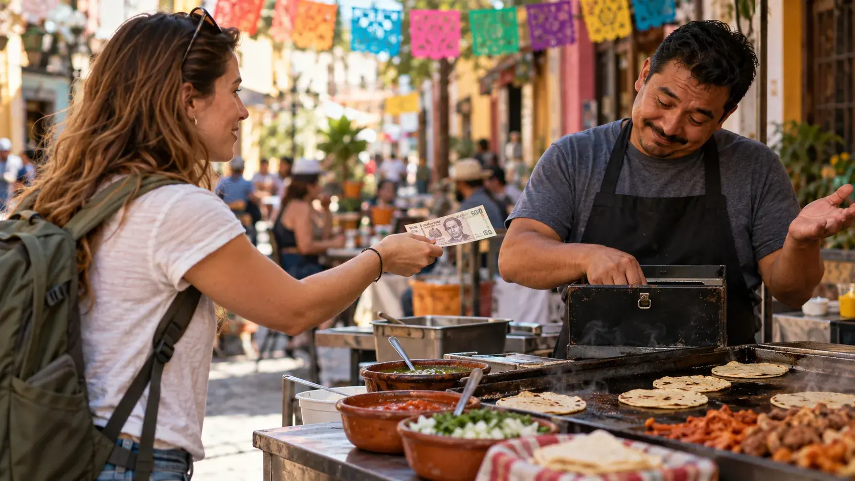 Traveler paying with a large peso bill at a small street food stand in Mexico while the vendor checks for change.