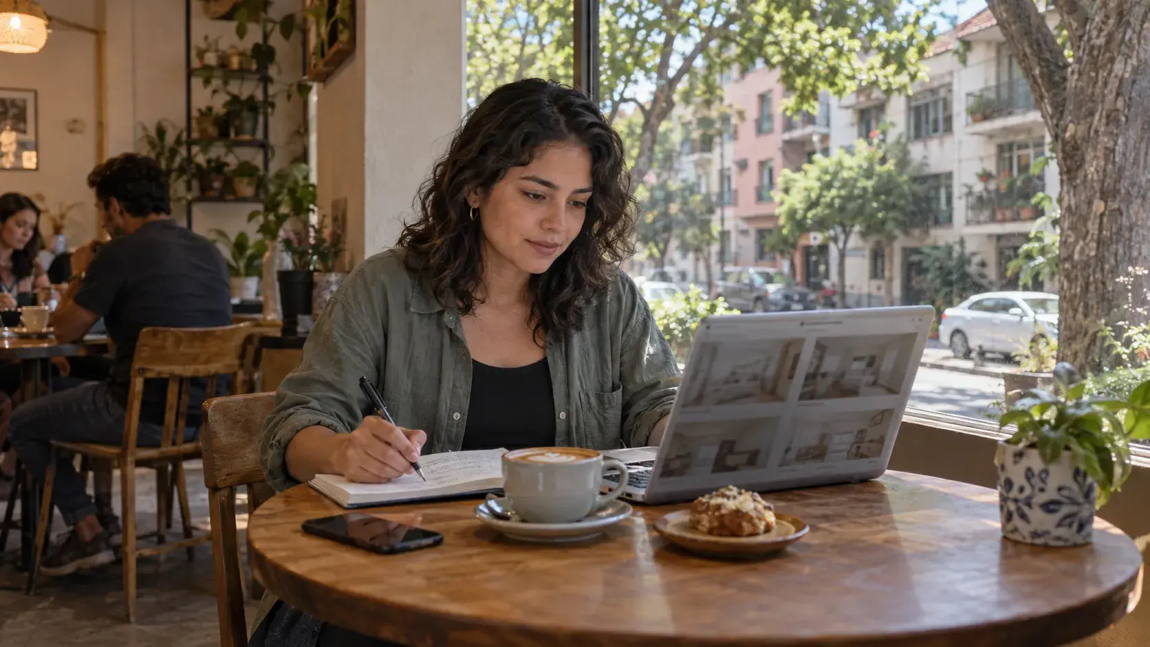 Person comparing apartment rental listings on a laptop and taking notes at a café in Mexico.