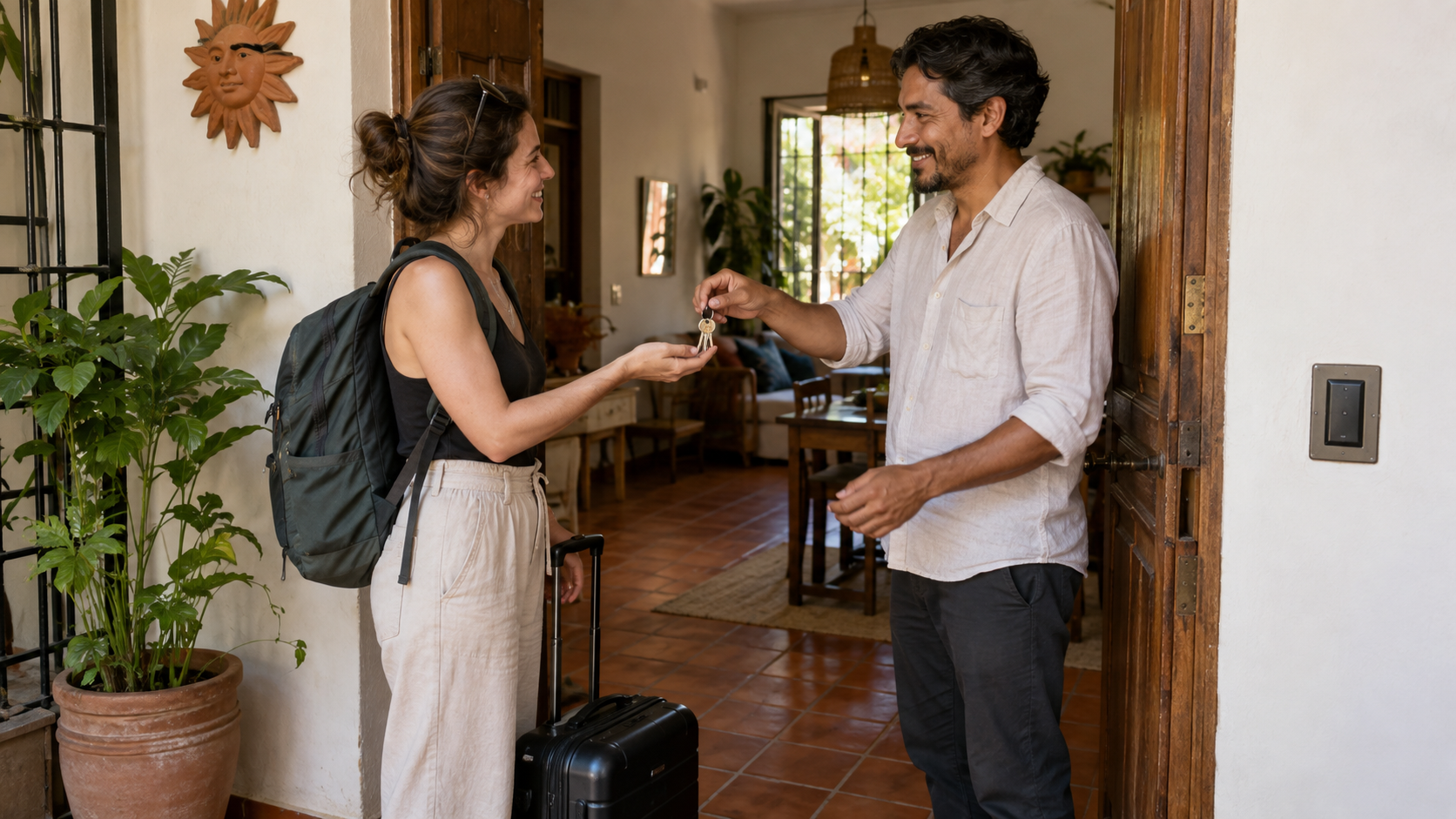 Traveler receiving apartment keys from a host at the entrance of a vacation rental in Mexico.