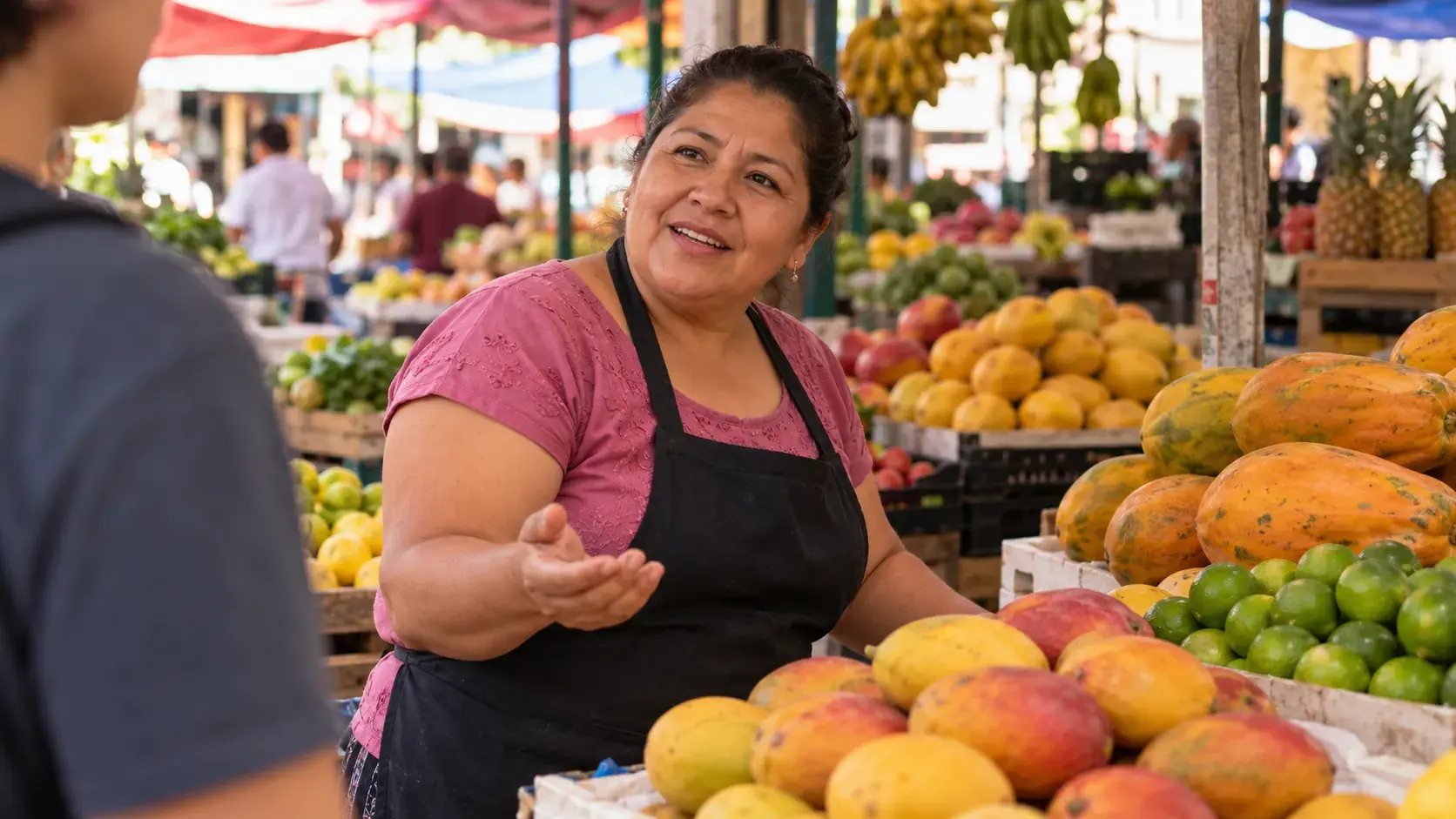 Woman at a Mexican market stall turning toward a customer with a friendly, questioning look.