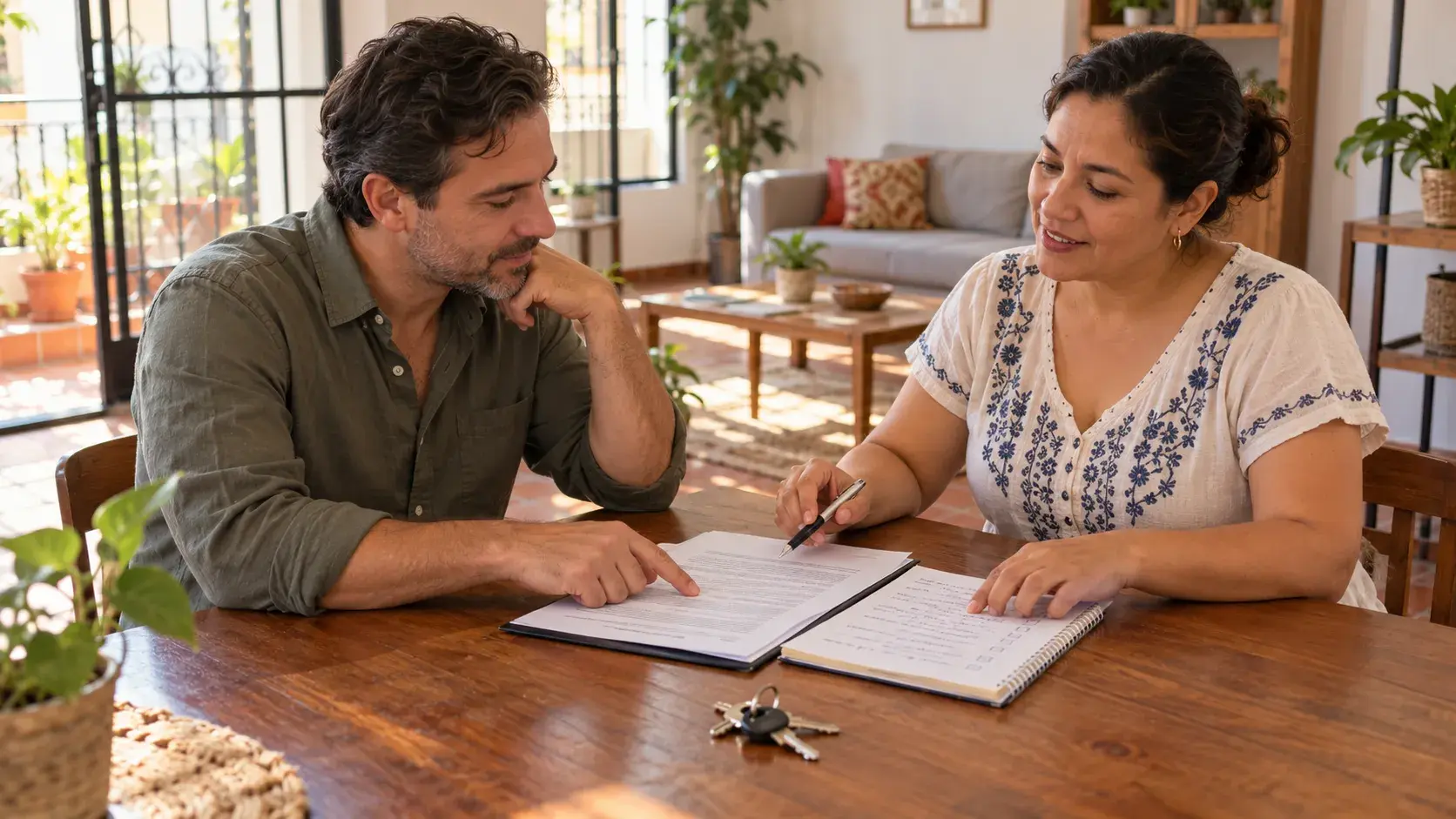 Tenant and landlord reviewing a rental contract and an inventory list at a table in a furnished apartment in Mexico.