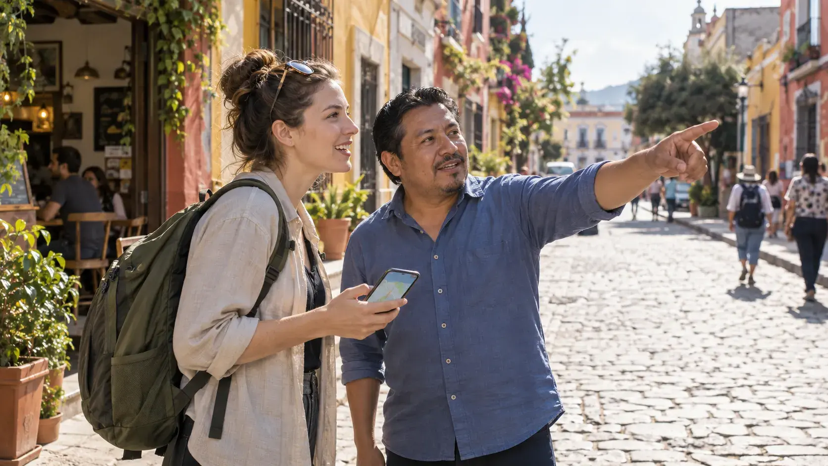 Traveler using basic Spanish to ask a local person for directions in Mexico