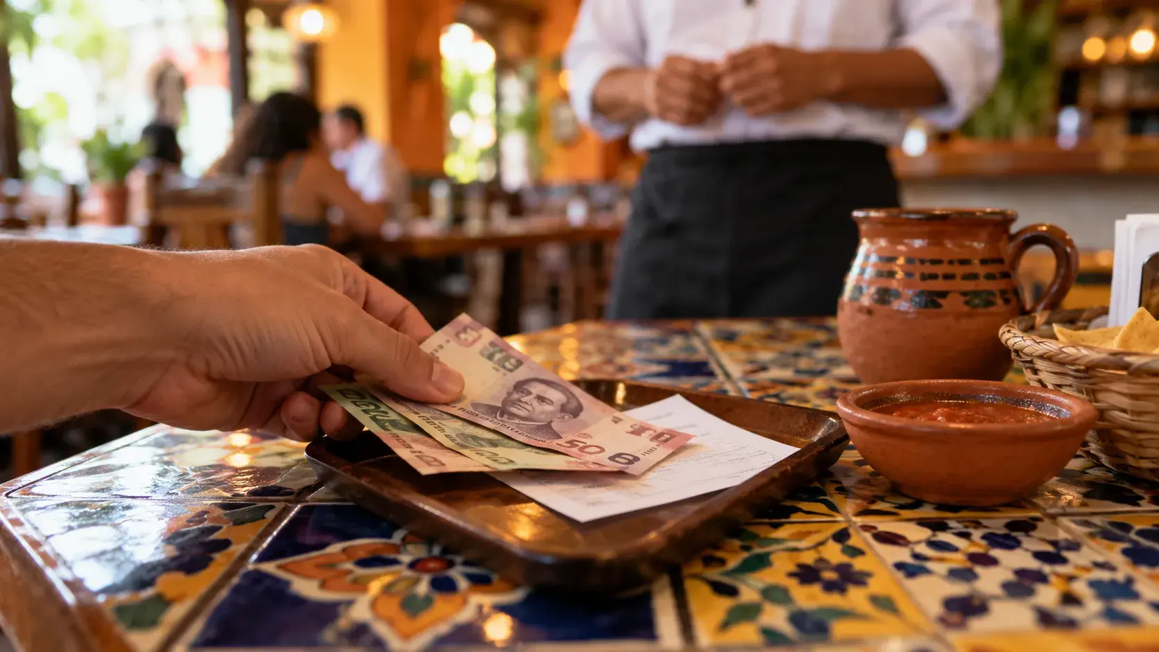 Traveler leaving peso bills on a small tray with the check at a casual restaurant table in Mexico.