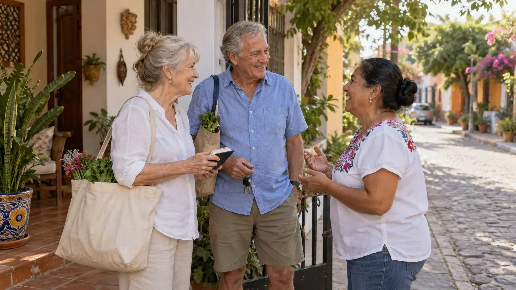 Seasonal residents practicing Spanish with a local neighbor outside their home in Mexico