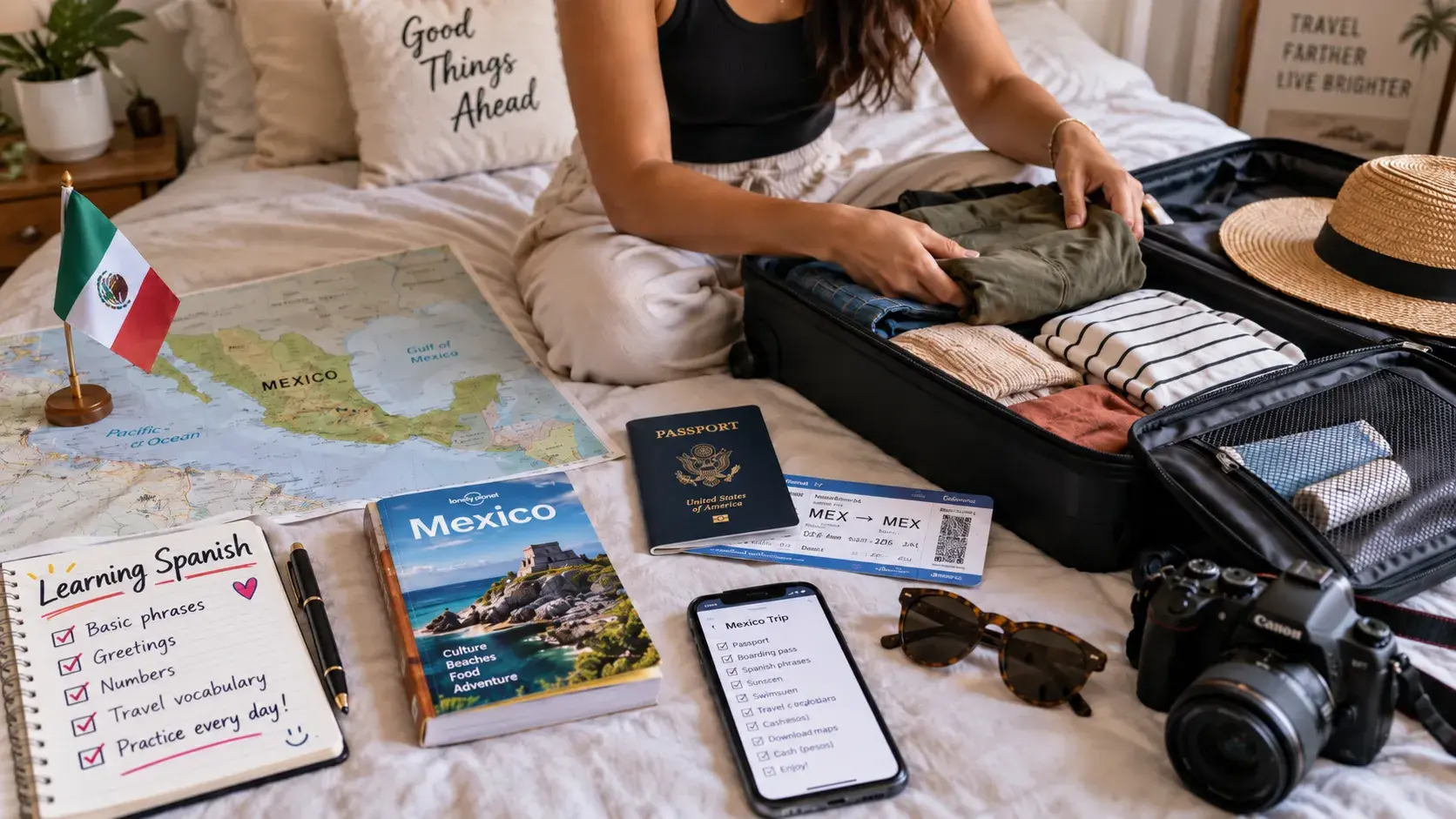 Traveler packing for Mexico with a Spanish study notebook, map, and passport